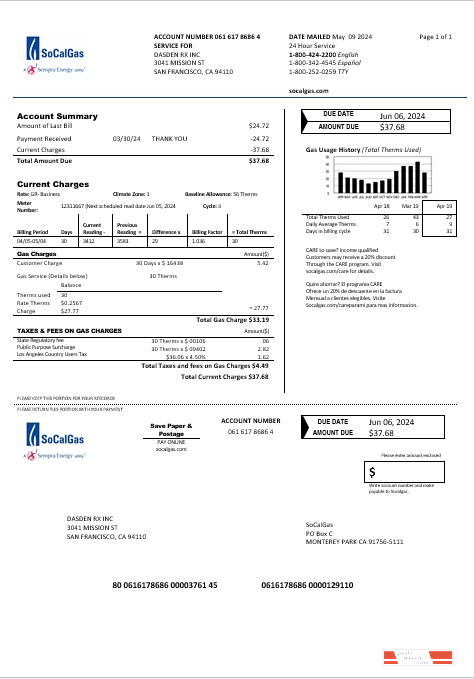 USA California SoCal Gas business utility bill template in Word and PDF formats